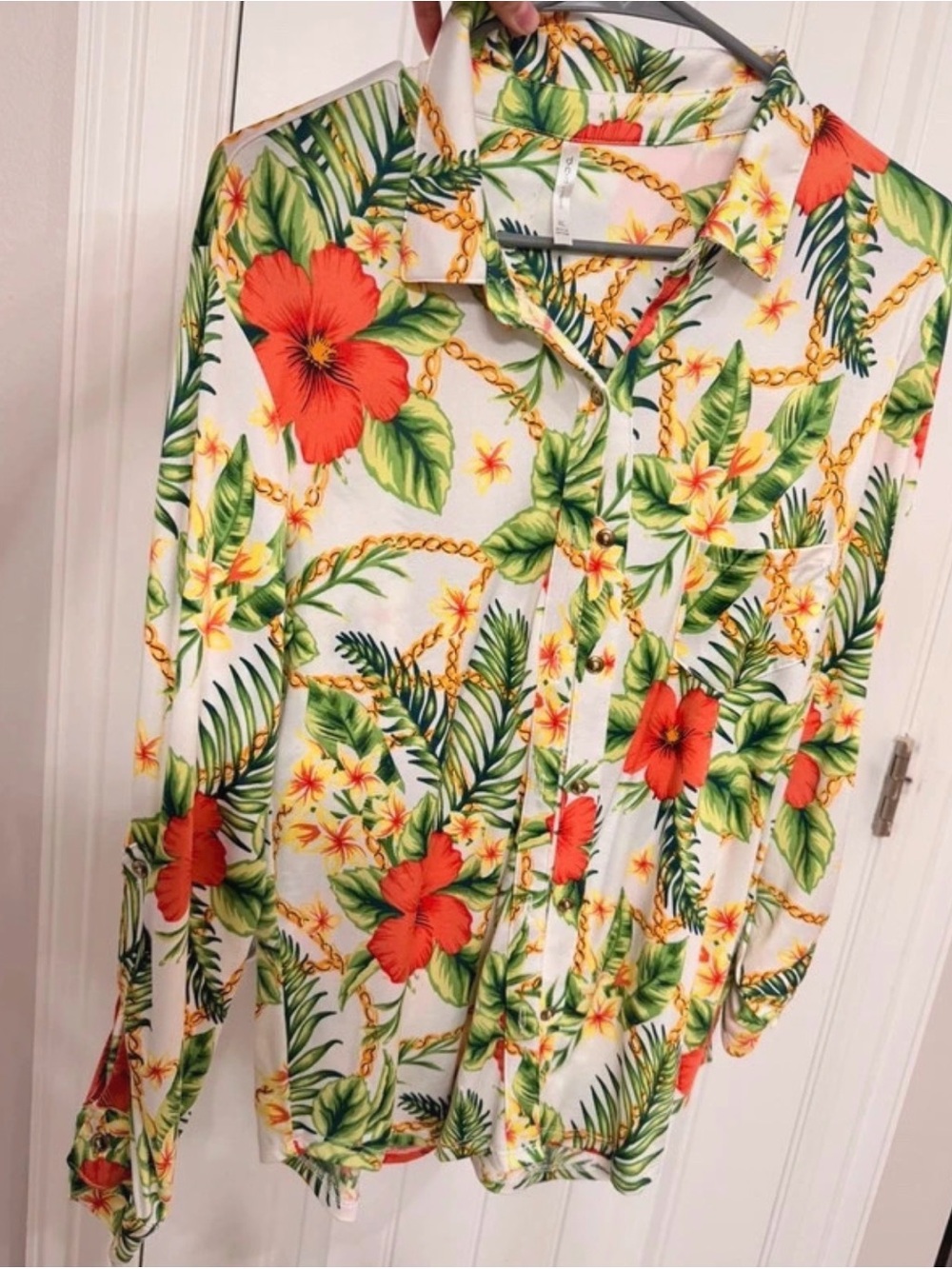 DNA couture White Button-Down Shirt with Red Floral Print